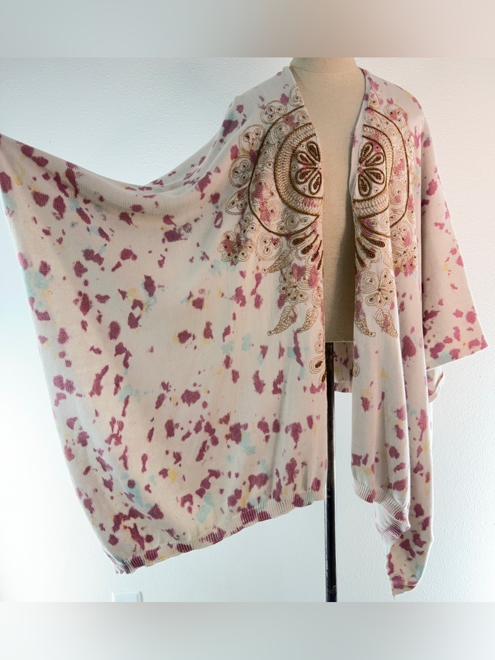 Soft Surroundings Tie Dye Knit Beaded Poncho Wrap Boho Embroidered Y2K Fairy OS